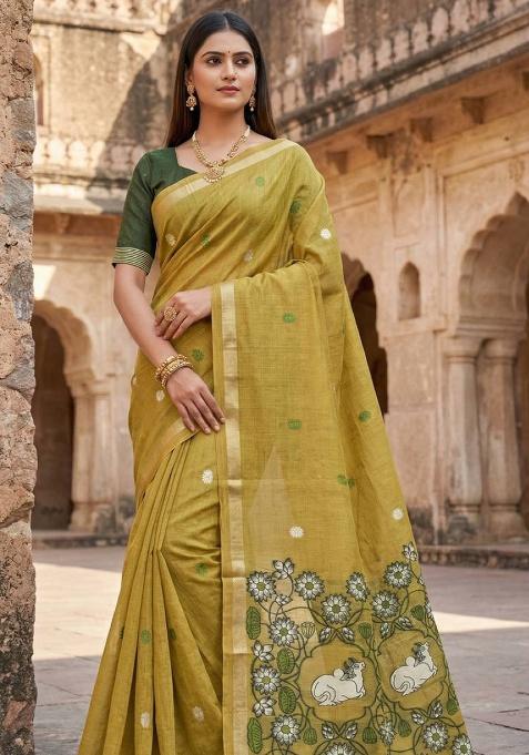 Yellow Weaving Work Cotton Saree Set