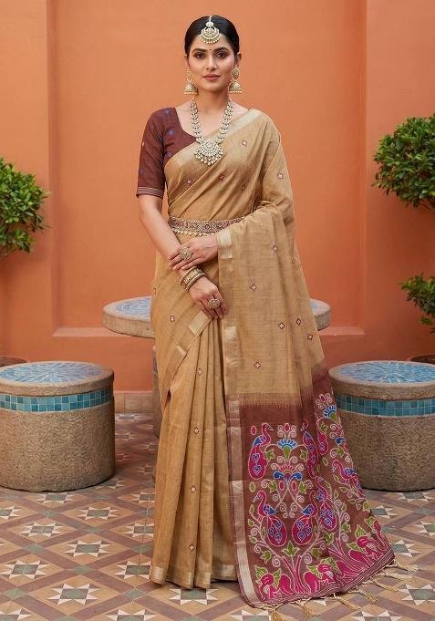 Cream Weaving Work Cotton Saree Set