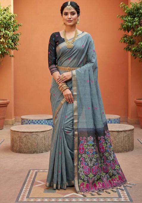 Grey Weaving Work Cotton Saree Set