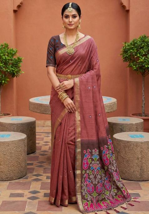 Mauve Weaving Work Cotton Saree Set