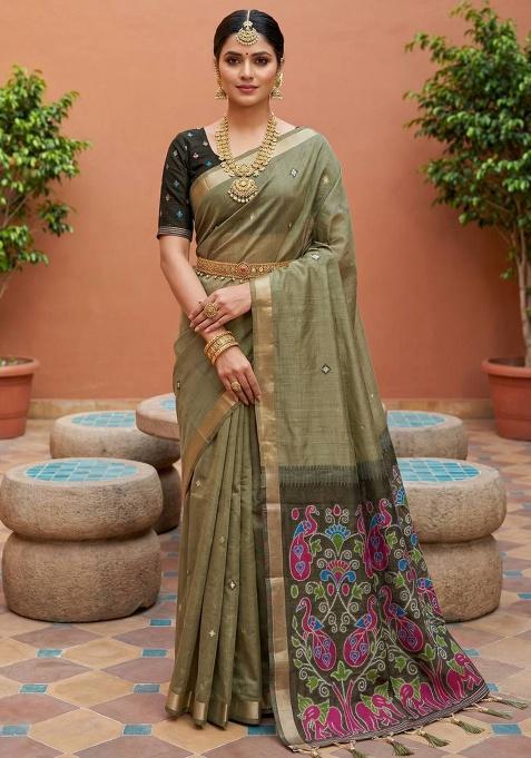 Mehendi Weaving Work Cotton Saree Set