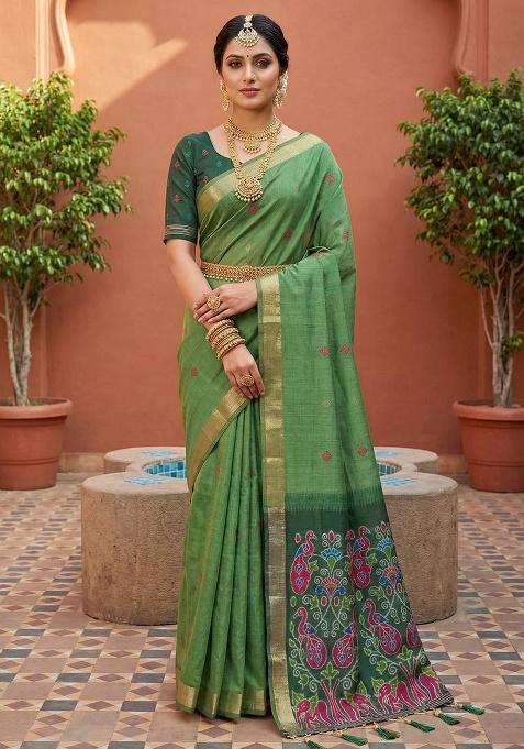 Pista Weaving Work Cotton Saree Set