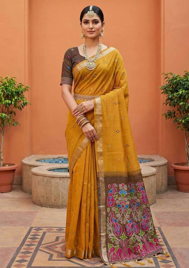 Yellow Weaving Work Cotton Saree Set for Diwali and Festive Wear - Indya