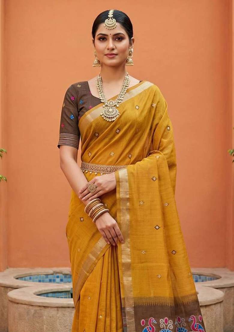 Yellow Weaving Work Cotton Saree Set for Diwali and Festive Wear - Indya