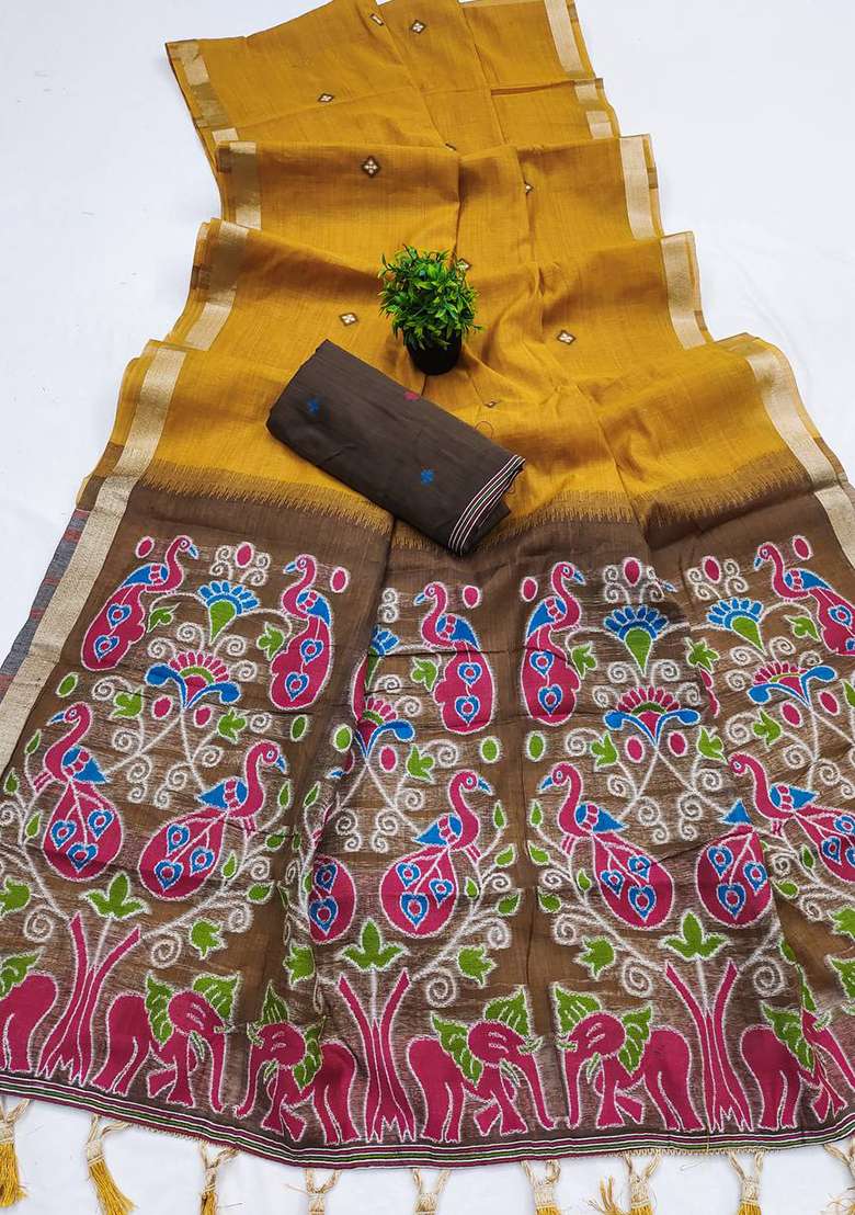 Yellow Weaving Work Cotton Saree Set for Diwali and Festive Wear - Indya