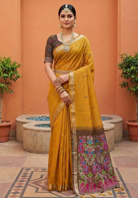 Yellow Weaving Work Cotton Saree Set