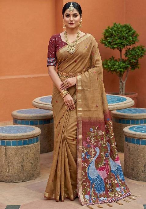 Cream Weaving Work Cotton Saree Set