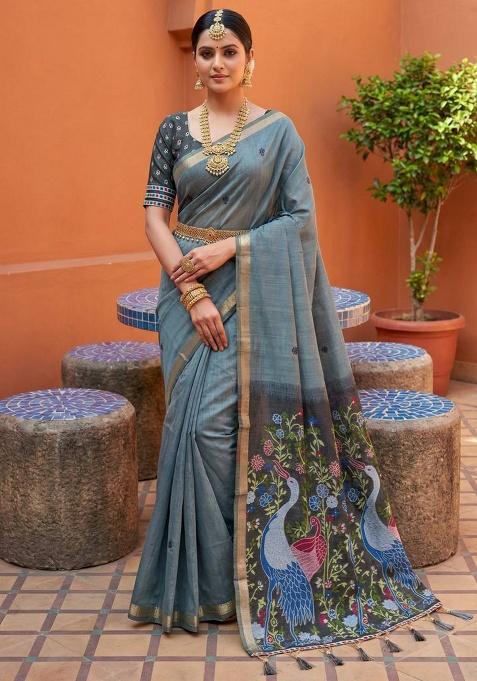 Grey Weaving Work Cotton Saree Set