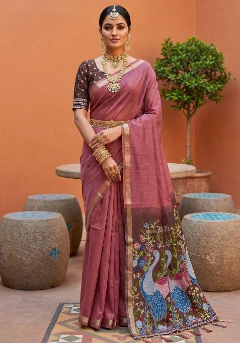 Mauve Weaving Work Cotton Saree Set