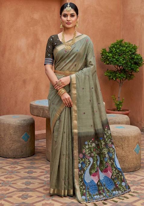 Mehendi Weaving Work Cotton Saree Set