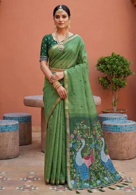Pista Weaving Work Cotton Saree Set