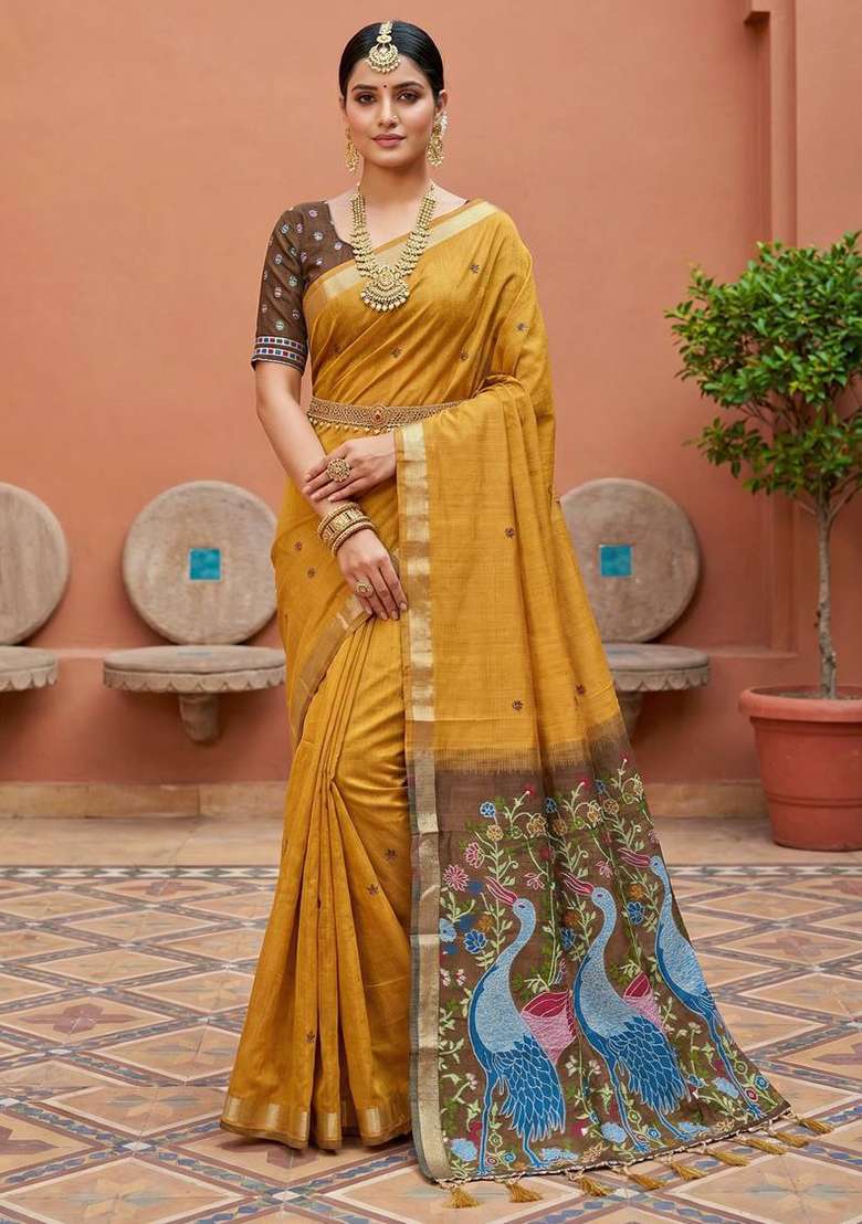 Yellow Weaving Work Cotton Saree Set for Diwali | Wedding & Festive Wear - Indya
