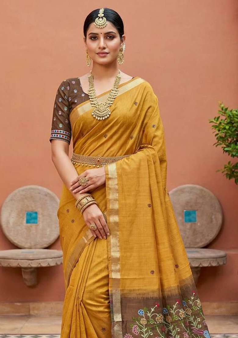 Yellow Weaving Work Cotton Saree Set for Diwali | Wedding & Festive Wear - Indya