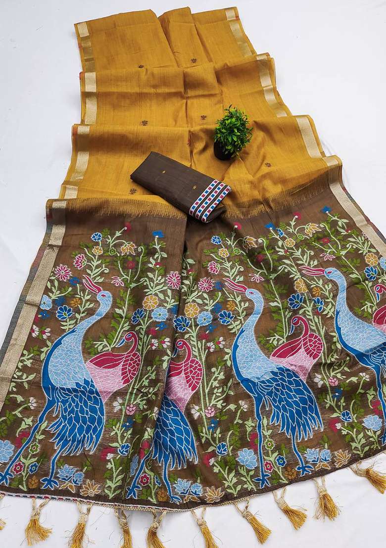 Yellow Weaving Work Cotton Saree Set for Diwali | Wedding & Festive Wear - Indya