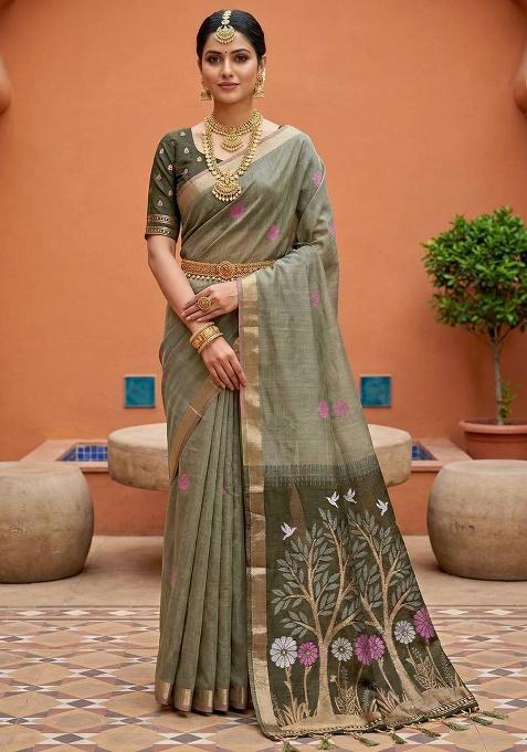 Grey Weaving Work Cotton Saree Set