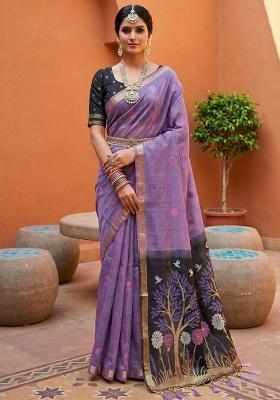 Lavender Weaving Work Cotton Saree Set