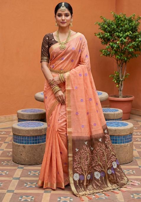 Peach Weaving Work Cotton Saree Set