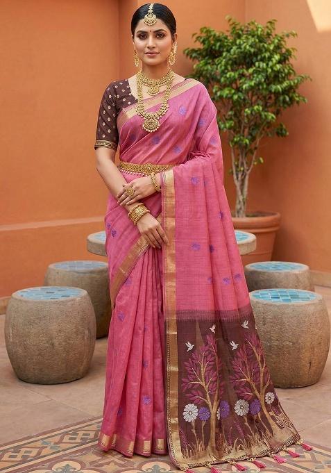 Pink Weaving Work Cotton Saree Set