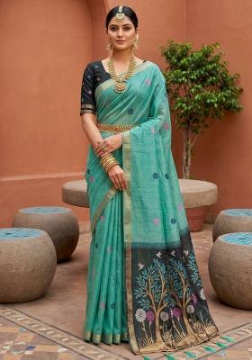 Sky Blue Weaving Work Cotton Saree Set