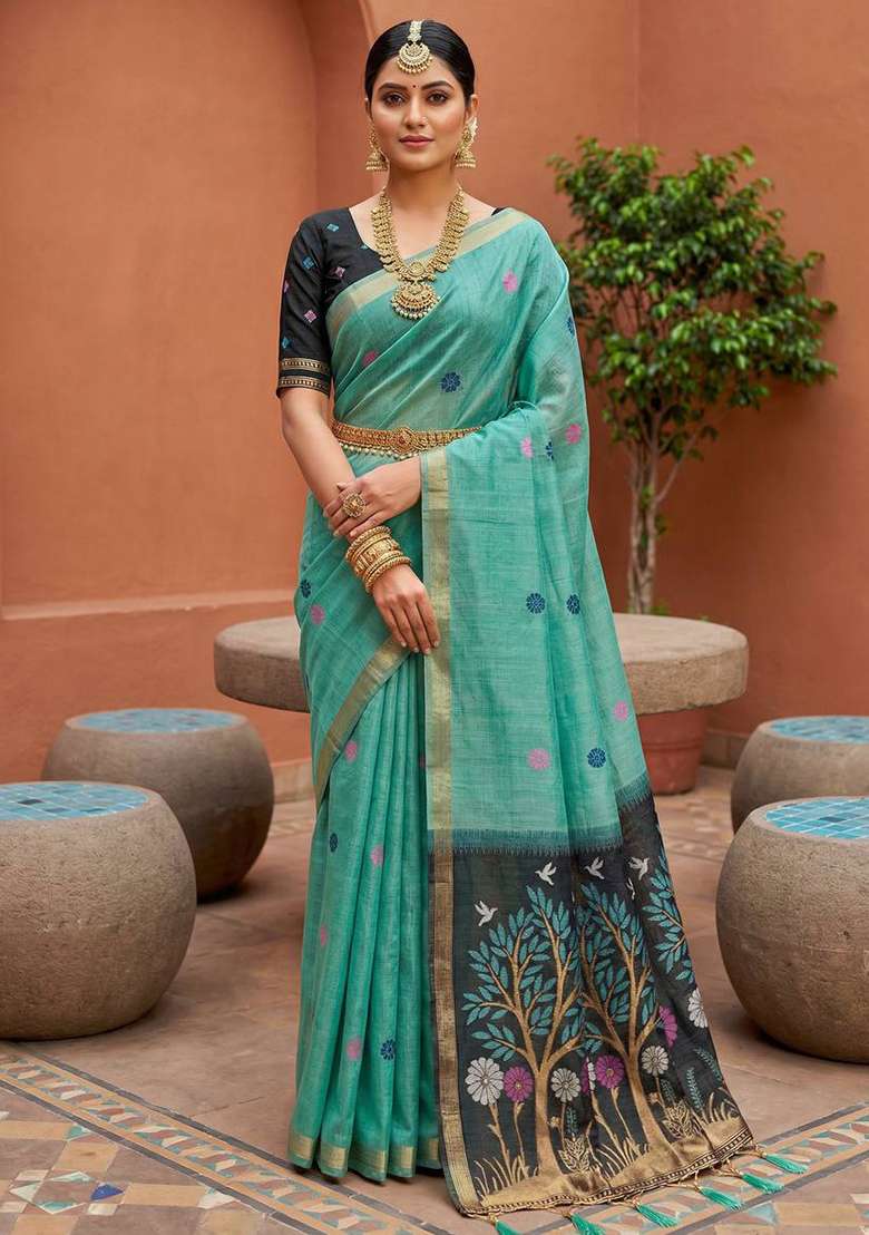 Sky Blue Weaving Work Cotton Saree Set for Diwali | Wedding & Festive Wear - Indya