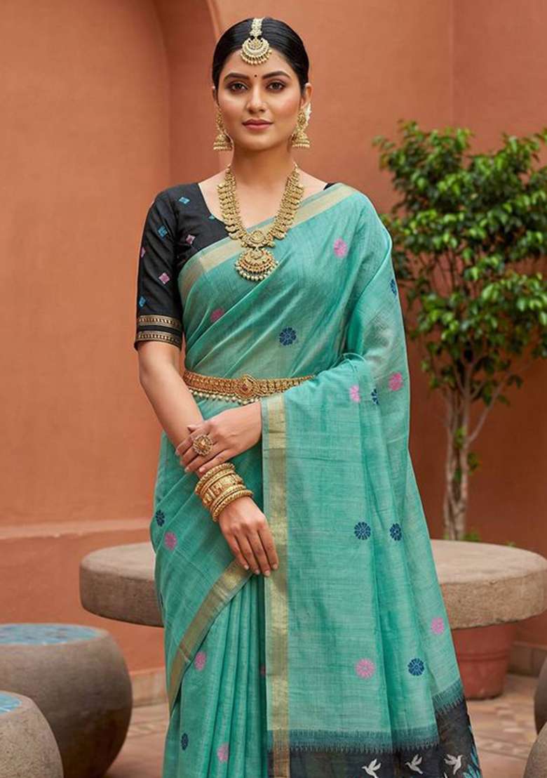 Sky Blue Weaving Work Cotton Saree Set for Diwali | Wedding & Festive Wear - Indya