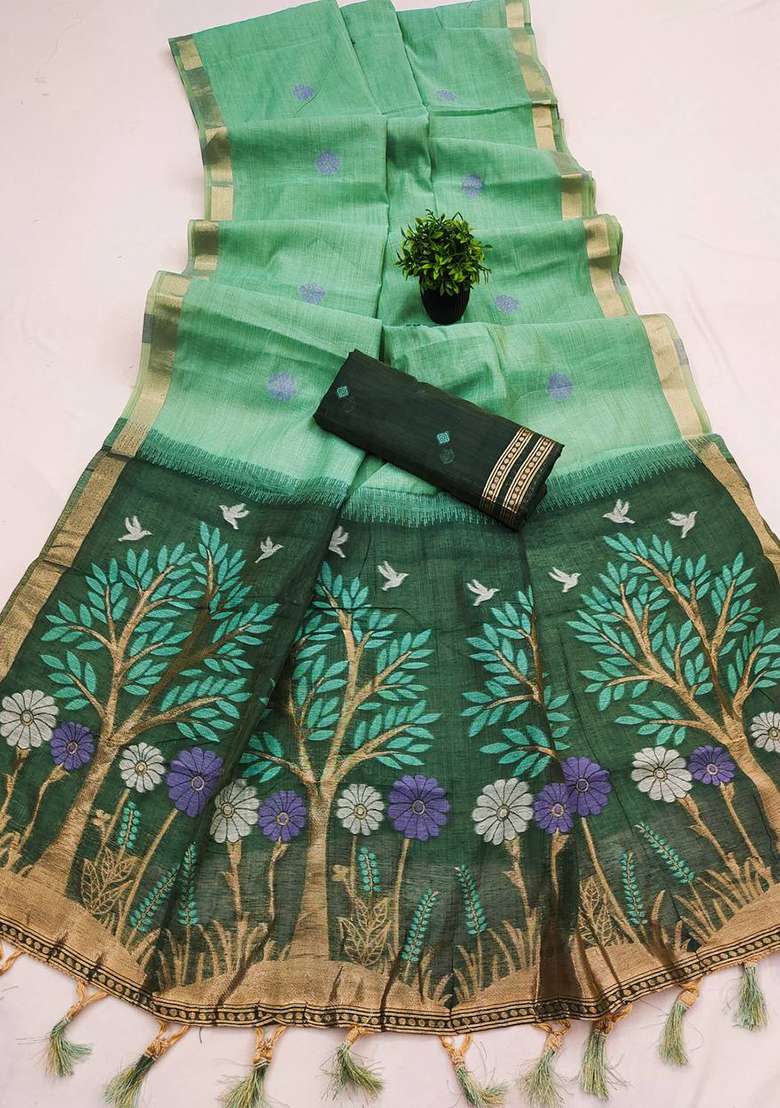 Sky Blue Weaving Work Cotton Saree Set for Diwali | Wedding & Festive Wear - Indya
