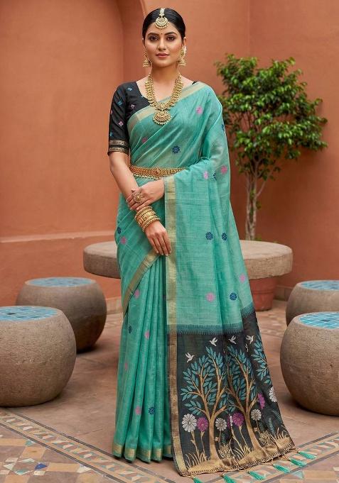 Sky Blue Weaving Work Cotton Saree Set