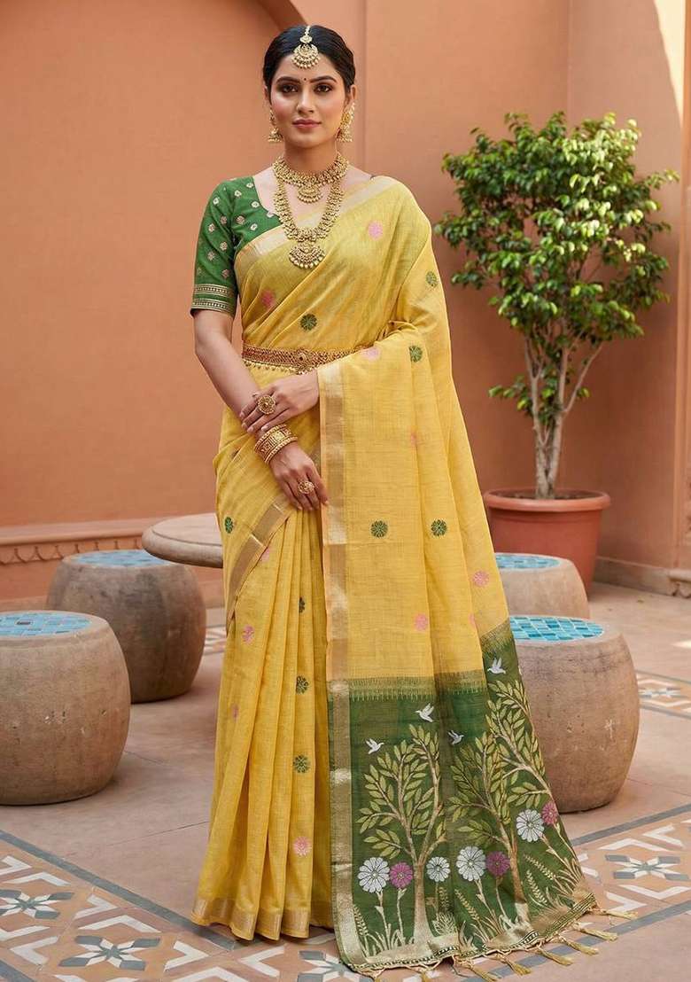 Yellow Weaving Work Cotton Saree Set for Diwali and Festive Wear - Indya