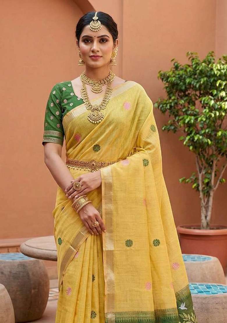 Yellow Weaving Work Cotton Saree Set for Diwali and Festive Wear - Indya