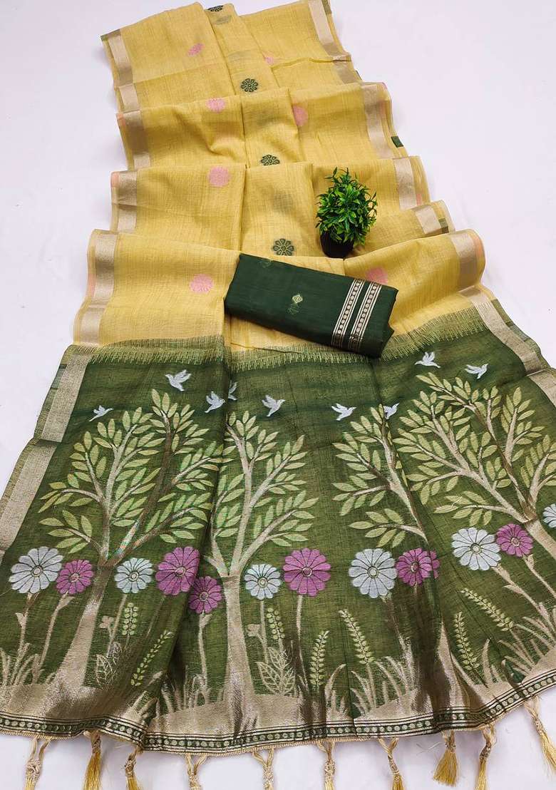 Yellow Weaving Work Cotton Saree Set for Diwali and Festive Wear - Indya
