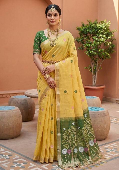 Yellow Weaving Work Cotton Saree Set