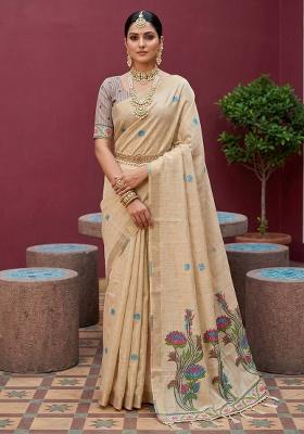 Cream Weaving Work Cotton Saree Set