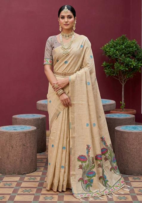 Cream Weaving Work Cotton Saree Set