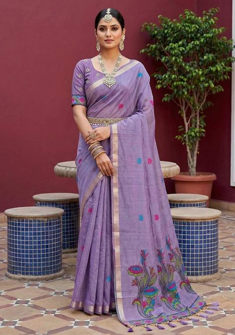 Lavender Weaving Work Cotton Saree Set
