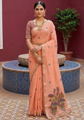 Peach Weaving Work Cotton Saree Set