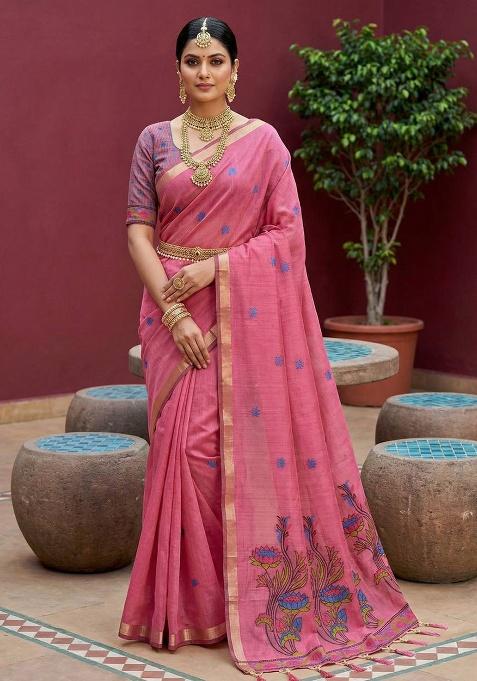 Pink Weaving Work Cotton Saree Set