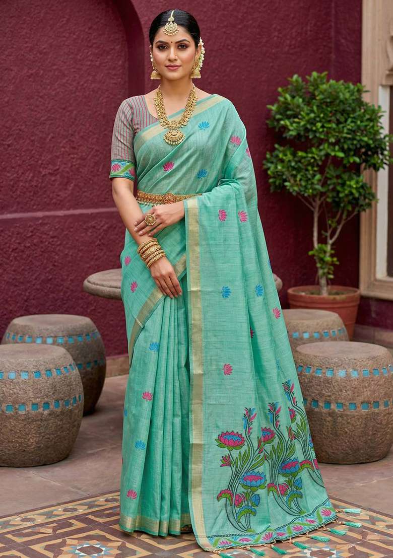 Sky Blue Weaving Work Cotton Saree Set for Diwali | Wedding & Festive Wear - Indya
