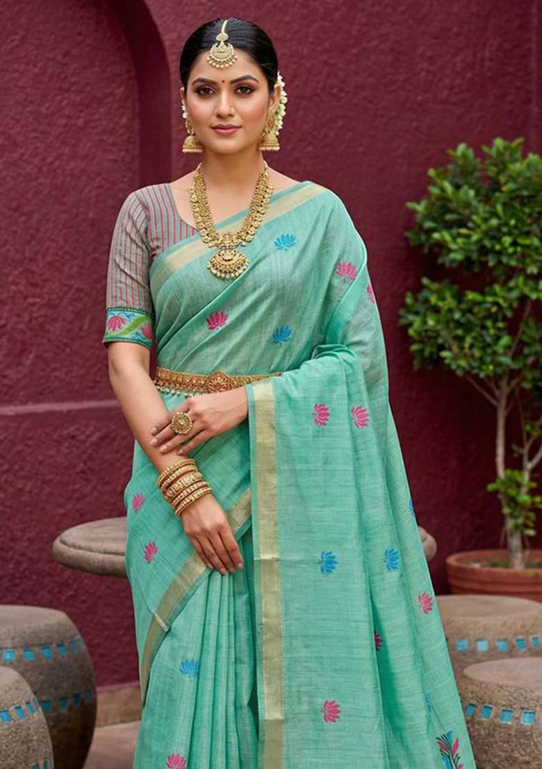 Sky Blue Weaving Work Cotton Saree Set for Diwali | Wedding & Festive Wear - Indya