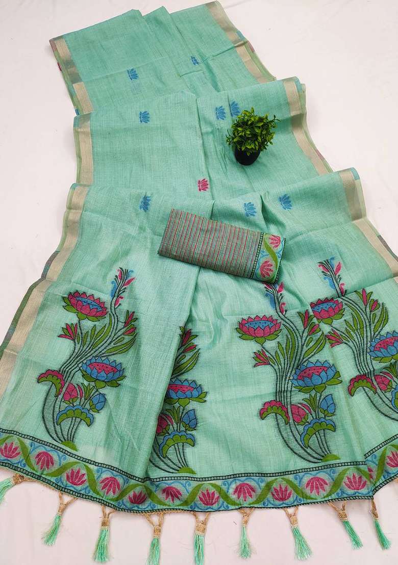Sky Blue Weaving Work Cotton Saree Set for Diwali | Wedding & Festive Wear - Indya