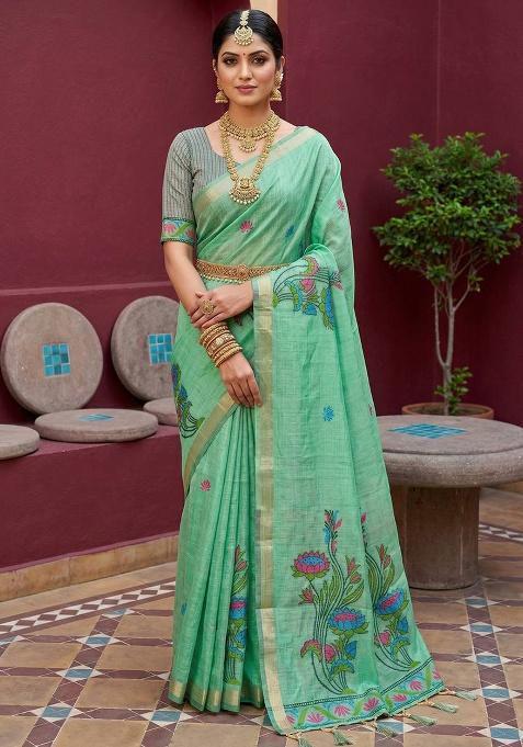 Turquoise Weaving Work Cotton Saree Set