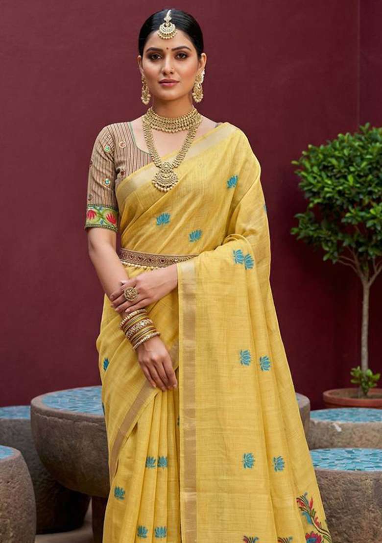 Yellow Weaving Work Cotton Saree Set for Diwali | Wedding & Festive Wear - Indya