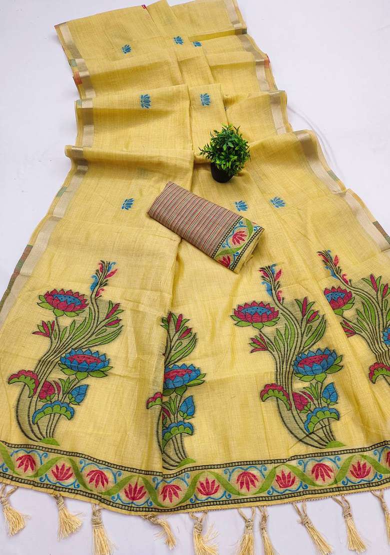 Yellow Weaving Work Cotton Saree Set for Diwali | Wedding & Festive Wear - Indya