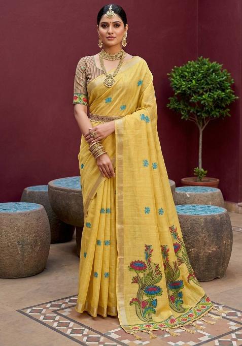 Yellow Weaving Work Cotton Saree Set
