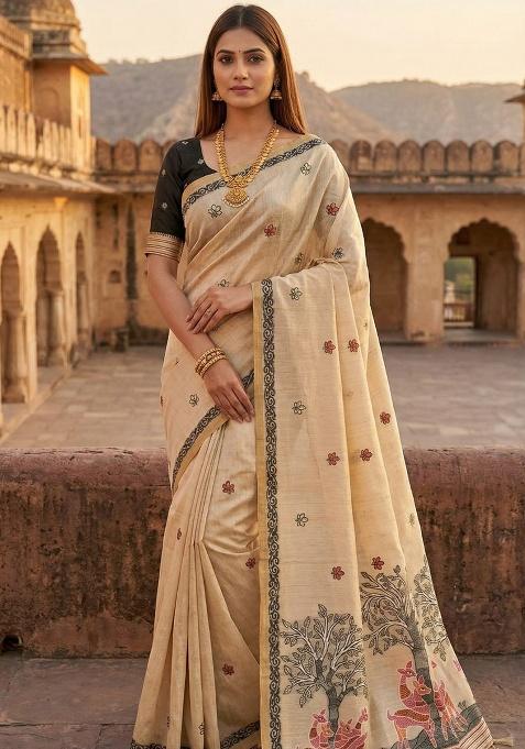 Cream Weaving Work Cotton Saree Set