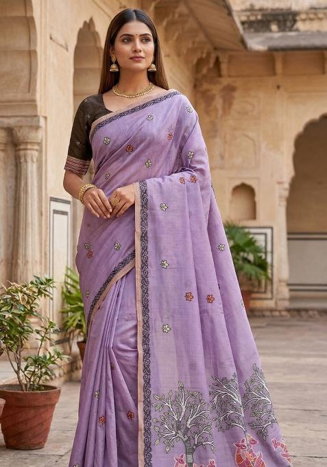 Lavender Weaving Work Cotton Saree Set