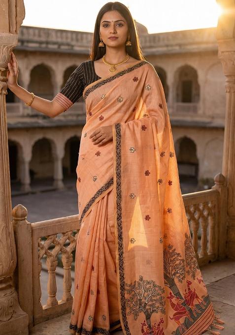 Peach Weaving Work Cotton Saree Set