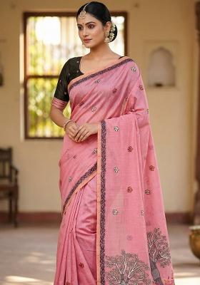Pink Weaving Work Cotton Saree Set