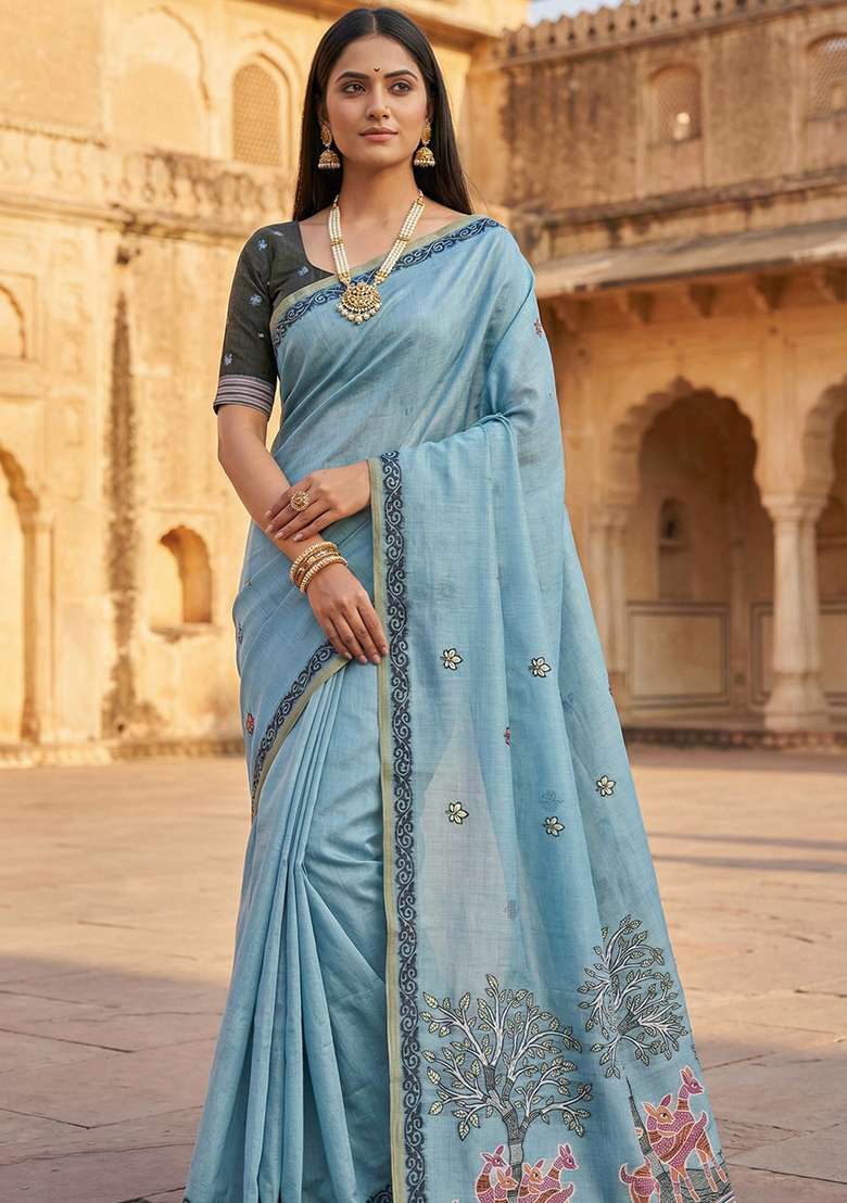 Sky Blue Weaving Work Cotton Saree Set for Diwali and Festive Wear - Indya
