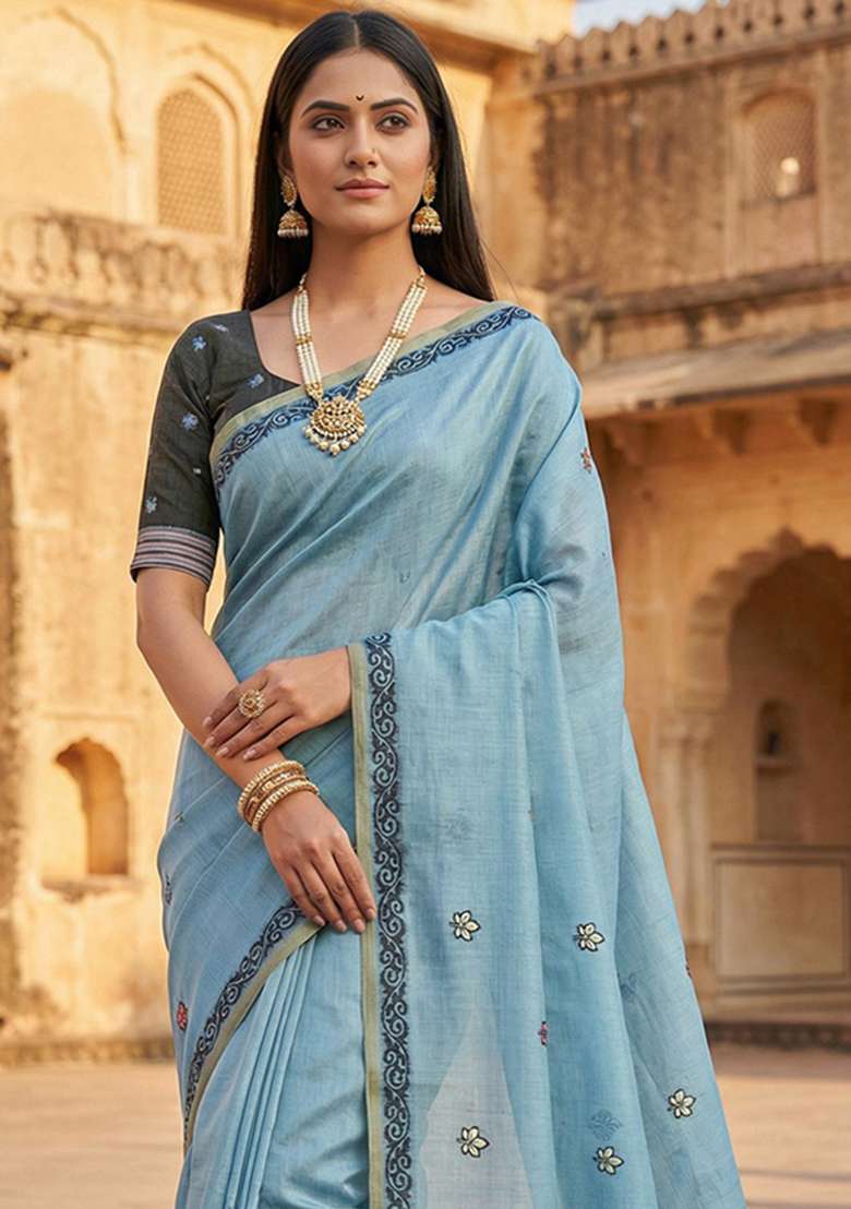 Sky Blue Weaving Work Cotton Saree Set for Diwali and Festive Wear - Indya