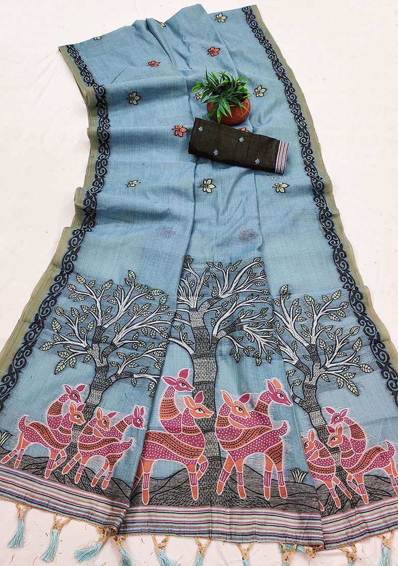Sky Blue Weaving Work Cotton Saree Set for Diwali and Festive Wear - Indya